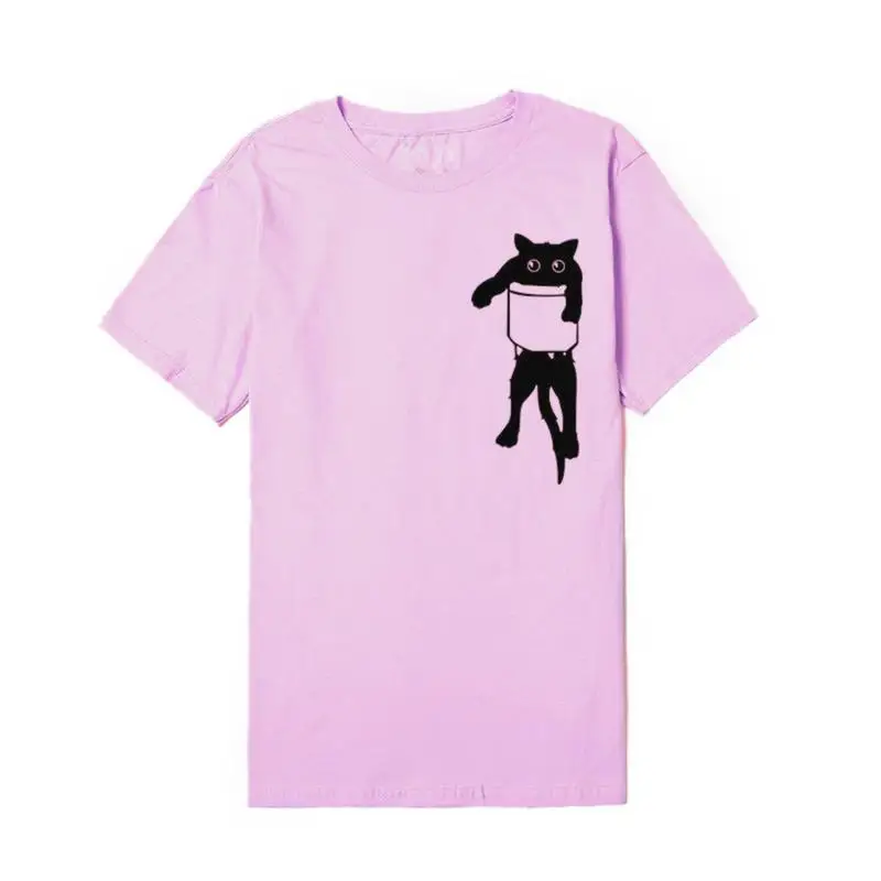 

Women T-shirt Pullover Short Sleeve Chest Pocket Cat White T-shirt Loose Large Size Summer Thin Slim Fit Wild Casual Tops