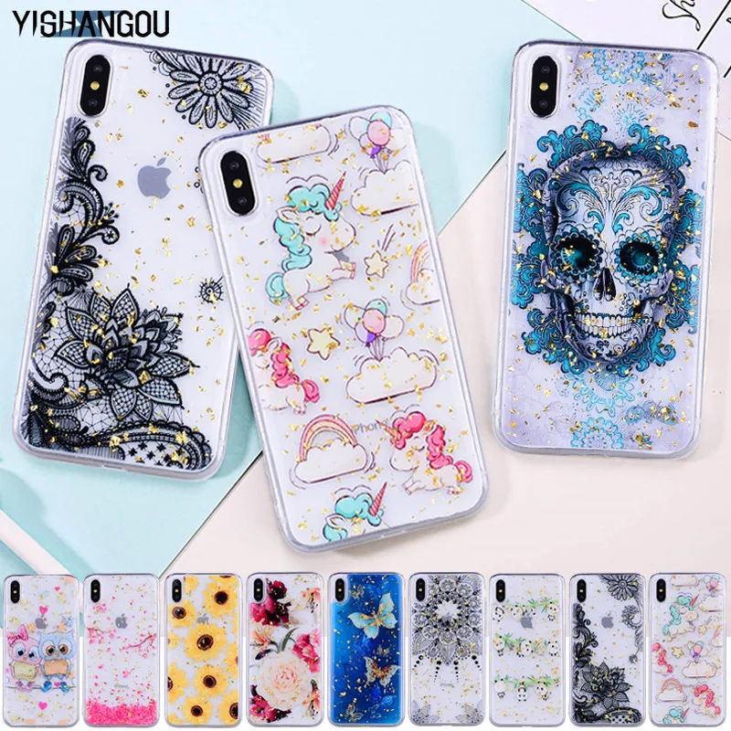 

MOESOE Lace Flower Animal Clear Case For iphone 6 6S 7 8 Plus Soft Silicon Gold Foil Transperant Cover For iphone 10 X XR XS Max