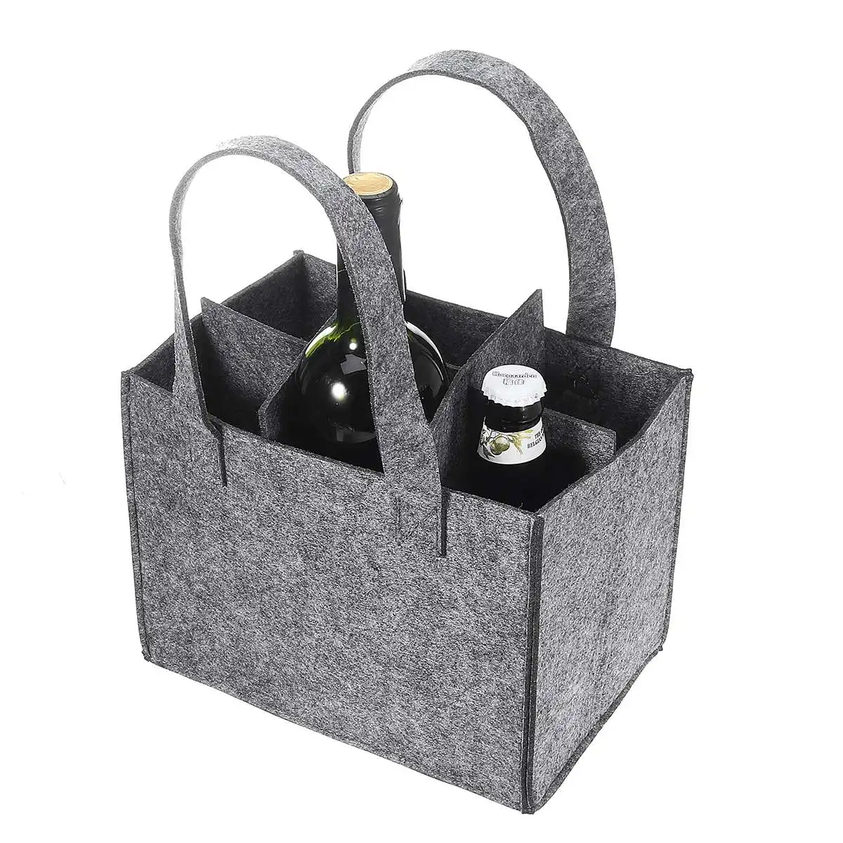 

Reusable Fashion Felt Bag Wine Holder Beer Bottle Shopping Tote Bag Bottle Carrier with 6 Bottles Divider Washable Grey