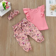 Одежда для новорожденных девочек, однотонный пуловер без рукавов с круглым вырезом, топы с рюшами, штаны с цветочным принтом, повязка на голову с бантом, комплект из 3 предметов, хлопковая одежда