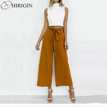 

HIRIGIN Women Orange Wide Leg Chiffon Pants High Waist Tie Waist Trousers Palazzo OL Pants Long Culottes Pants Long Trousers