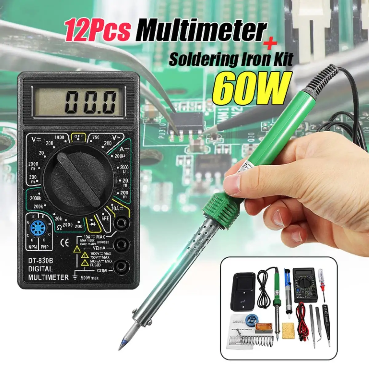 12Pcs 220V Welding Soldering Tool Kit+Multimeter+60W Soldering Iron+Stand+Rosin Heat Pencil