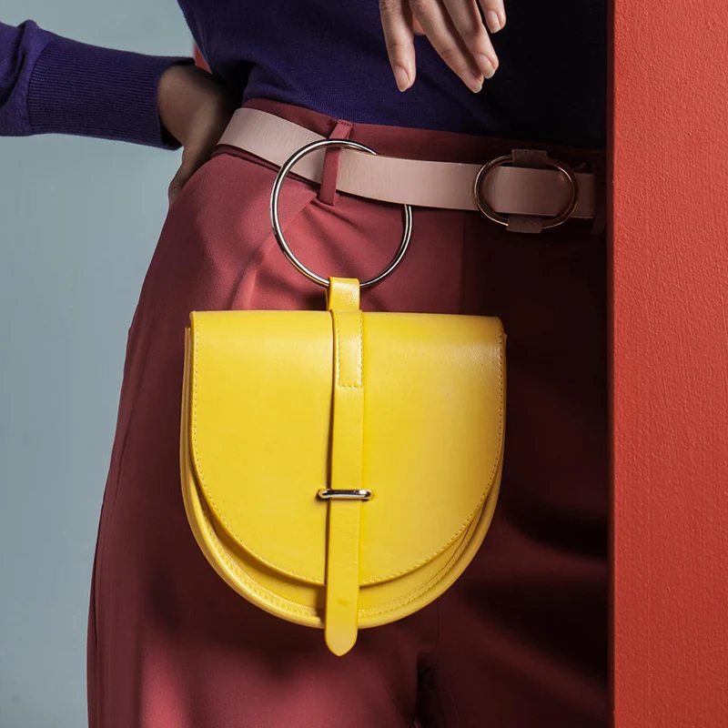 

[BXX] 2019 Spring Summer Woman New Yellow Color Many Usage Spliced Round Hoop Single Strap PU Leather Shoulder Bag LM054