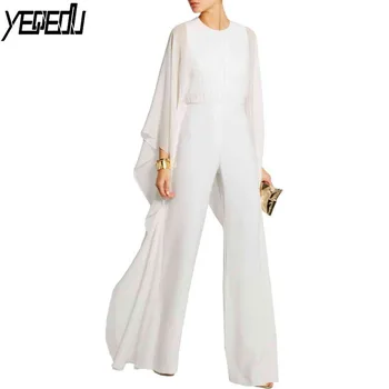 

#1519 Spliced Chiffon Jumpsuit Women White/Red/Black Solid Color Wide Leg Jumpsuit Ruffles Batwing Sleeve Rompers Elegant