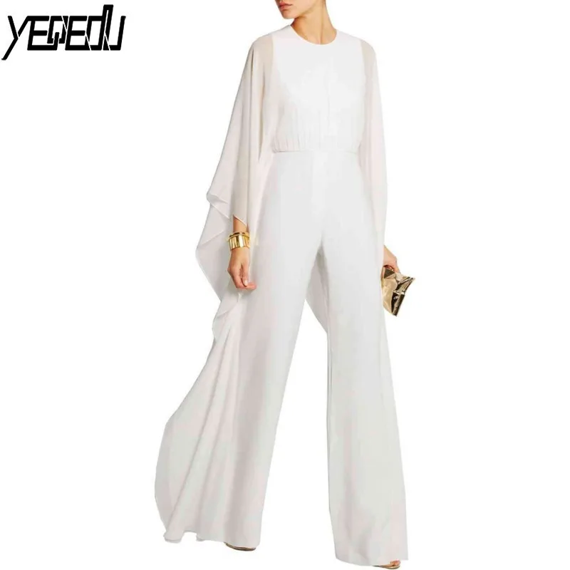 

#1537 Spliced Chiffon Jumpsuit Women White/Red/Black Solid Color Wide Leg Jumpsuit Ruffles Batwing Sleeve Rompers Elegant