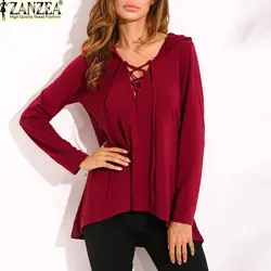 Плюс размеры с капюшоном женские блузки 2019 ZANZEA повседневное свободные топы корректирующие демисезонный длинным рукавом твердые пуловеры