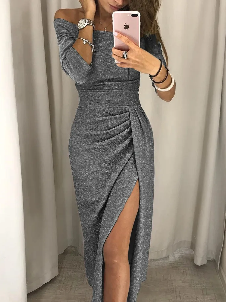 

Women Slash Neck Bodycon Evening Club Party Long Split Dress New