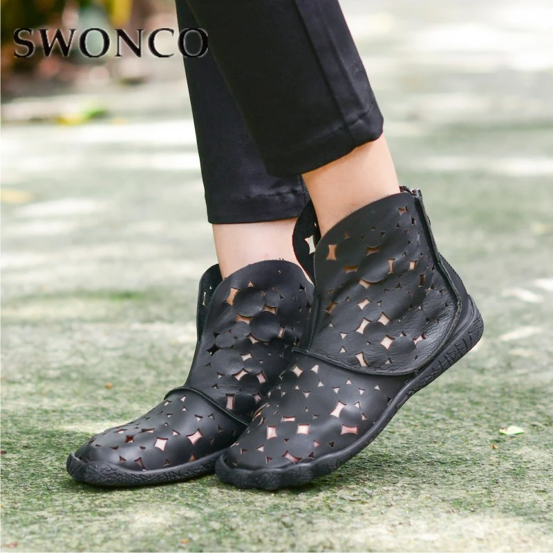 

SWONSO Shoes Women Sandals Rome Flats Hollow Out Genuine Leather 2019 Summer Shoes Black For Woman High Top Casual Shoe Vintage