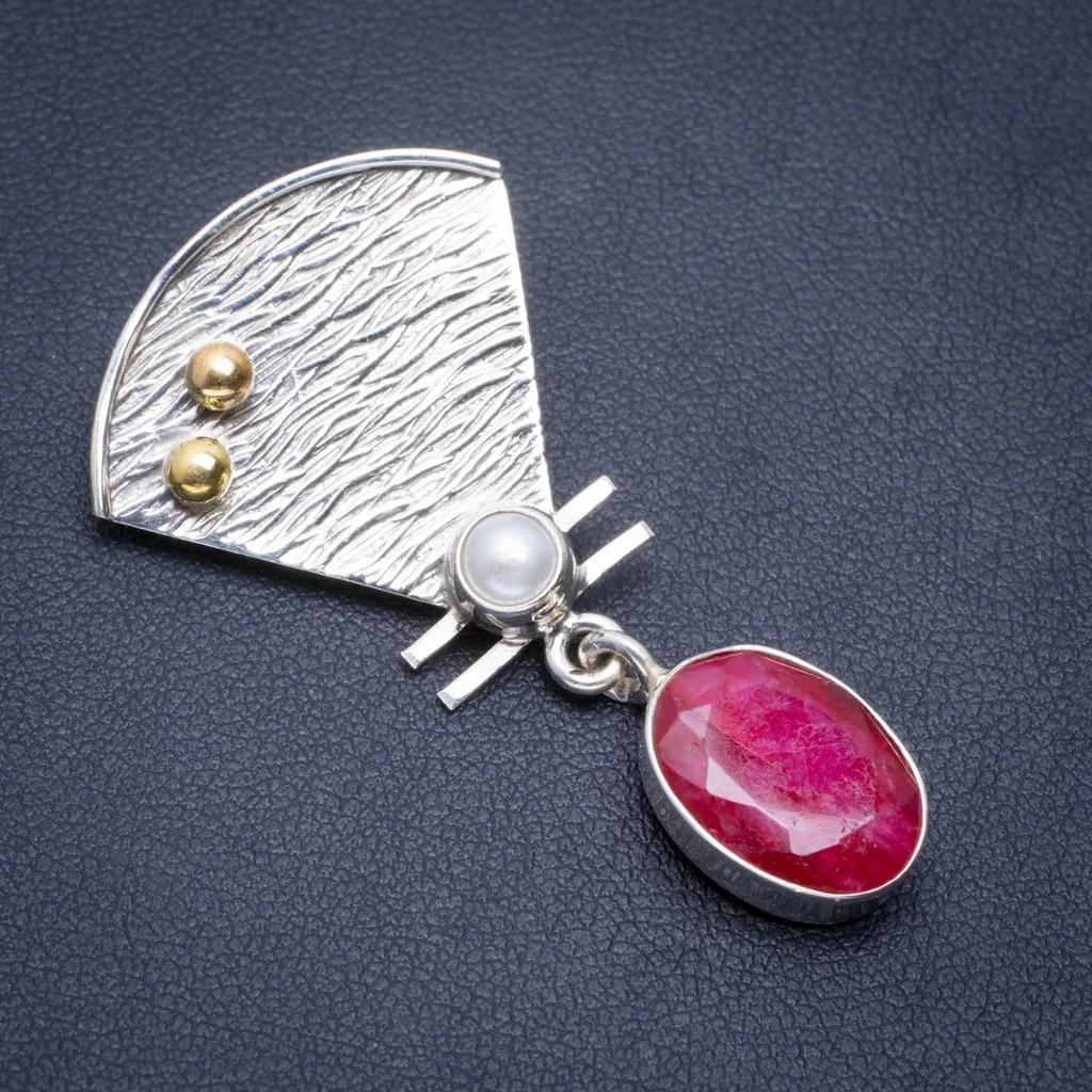 

Natural Two Tones Cherry Ruby and River Pearl Handmade Unique 925 Sterling Silver Pendant 1.75" A1813