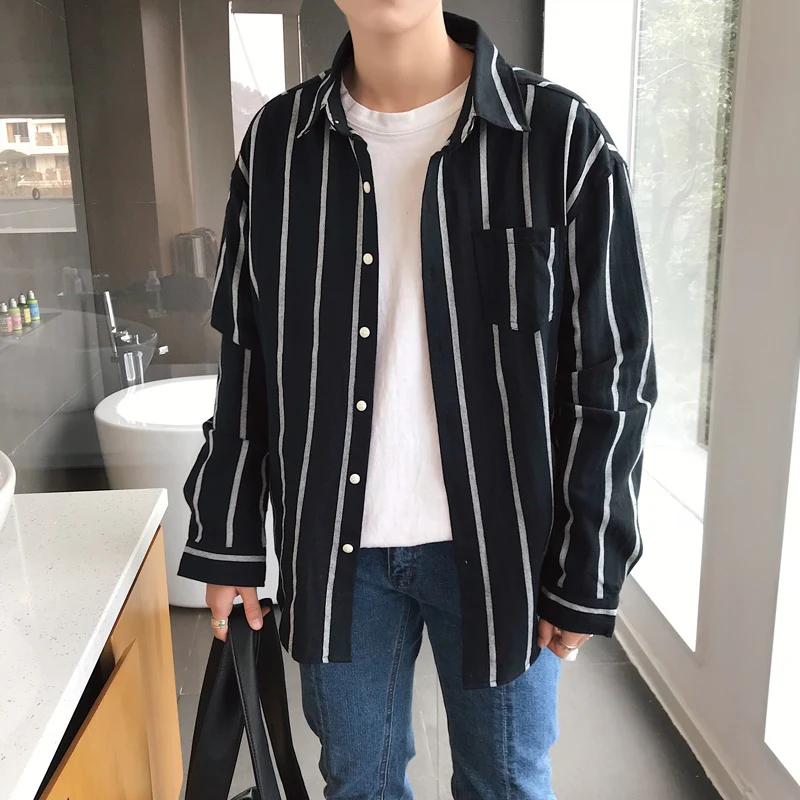

2019 Spring Men's Wear Vertical Stripe Concise men Shirt Long Sleeve Shirt streetwear camisa hombre Free shipping