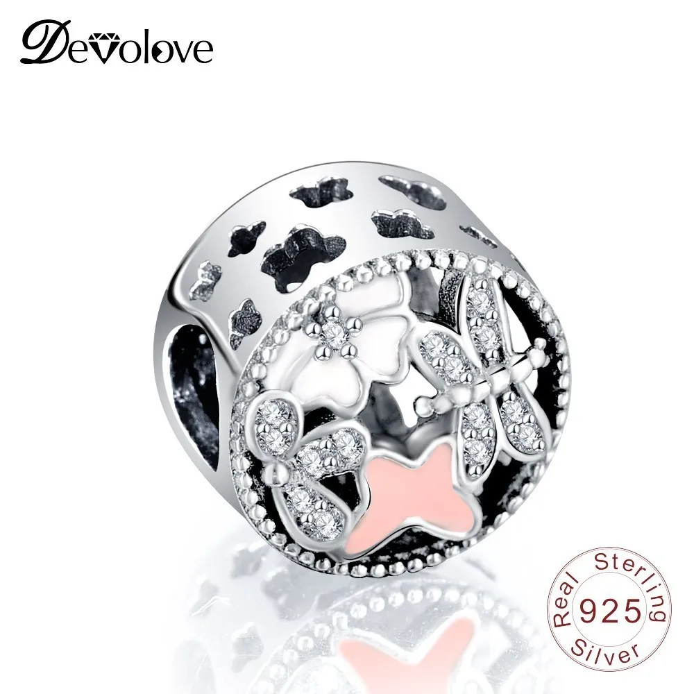 

Devolove Real 925 Sterling Silver Charm Pink Enamle with Butterfly & Dragonfly Charms Fit Original Brand Bracelet Diy Jewelry