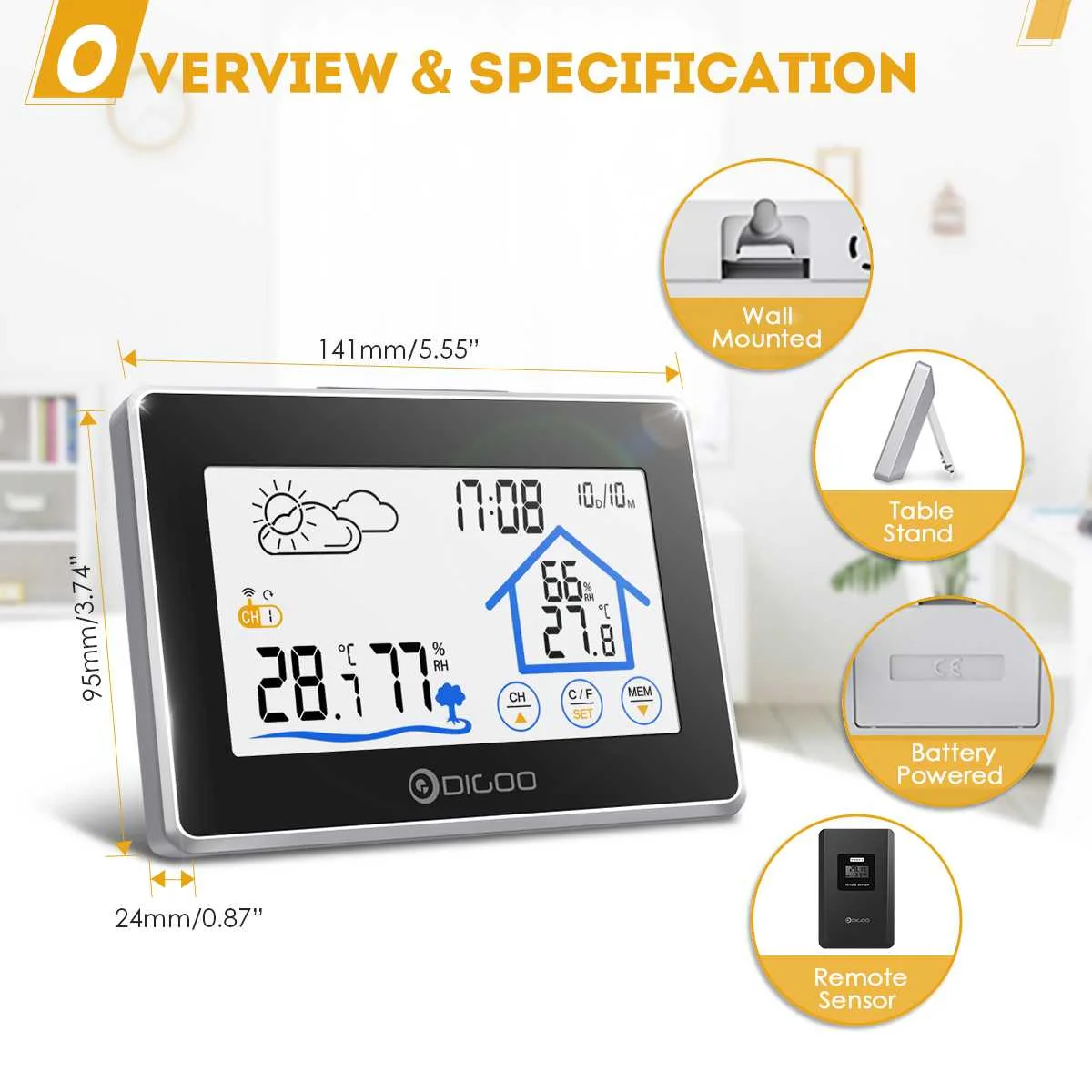 Digoo DG TH8380 цветной экран Метеостанция термометр гигрометр датчик прогноза Крытый