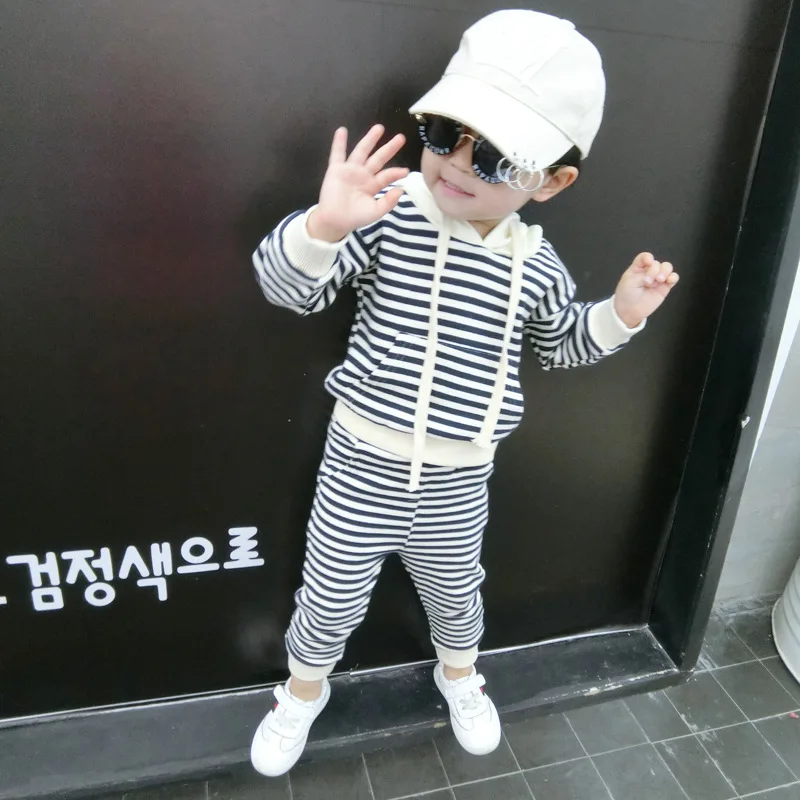 

2018 Autumn New Product Children's Garment Children Even Hat Knitting Twinset Catamite Joker Stripe Suit Fashion