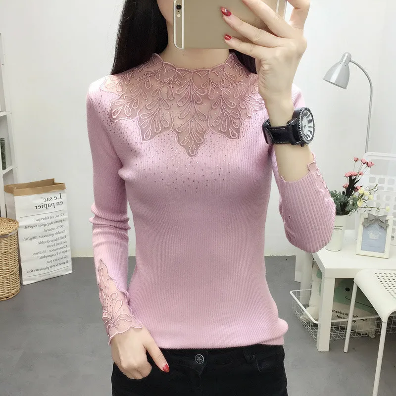 Autumn Winter Fashion Women Lace Sweater Elegant Female Half Turtleneck Slim Long Sleeve Knitted Pullovers Tight Sweater