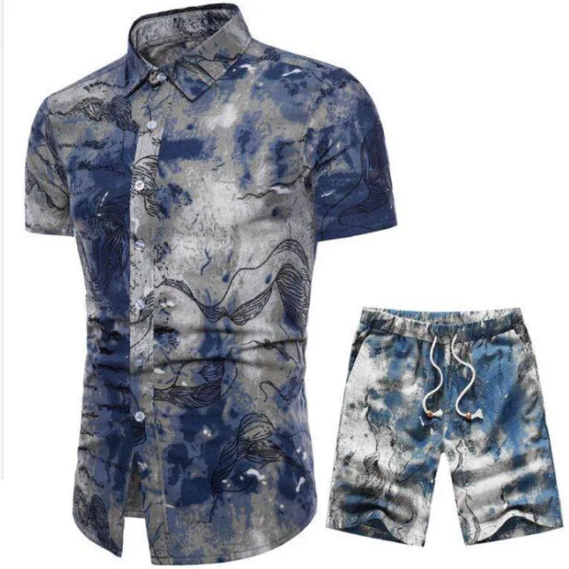 Men's lace up shorts floral shirt suit spring casual shirt lace up