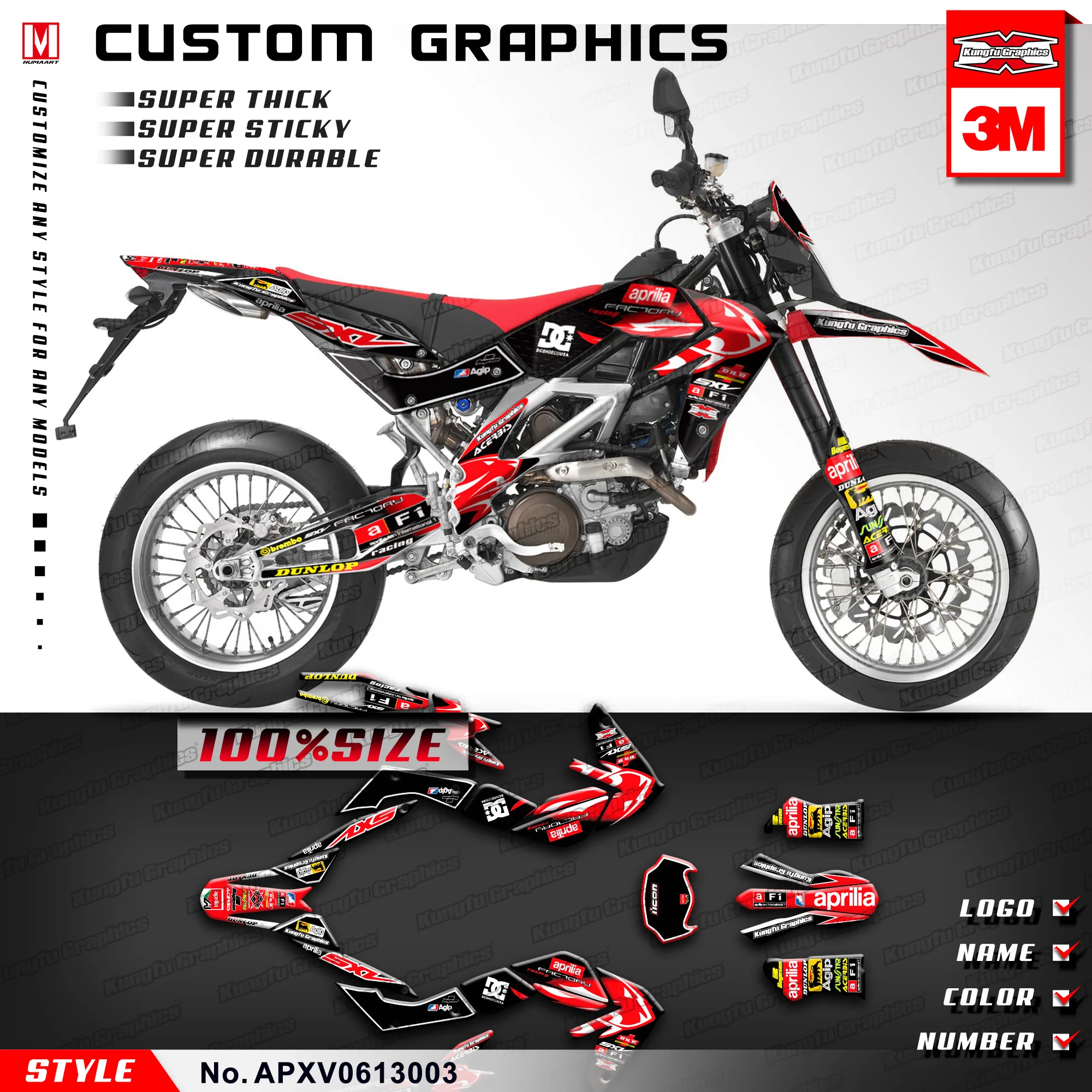 Набор наклеек KUNGFU GRAPHICS Custom MX подходит для Aprilia SXV RXV 450 550 2006 2007 2008 2009 2010 2011 2012 2013 (Style