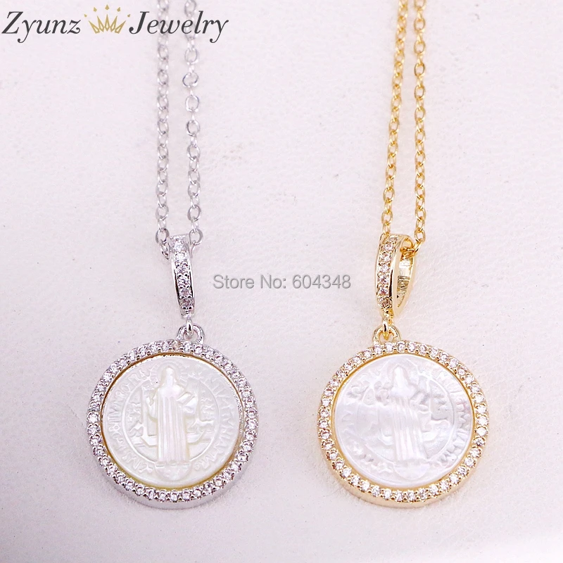 

5 Strands ZYZ323-8778 cubic zirconia micro pave charm, Mary / Jesus shell pendant with cz charm necklace jewelry