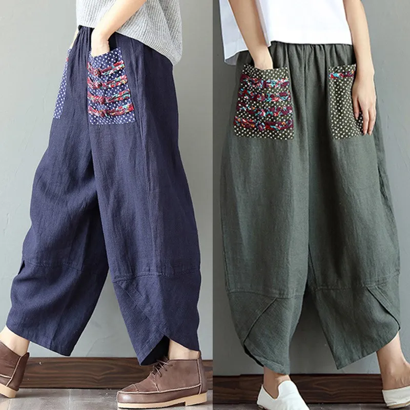 2019 Women Summer Casual Long Trousers Loose Baggy Pantalon Elastic Waist Retro Print Pants Linen Cotton Harem Pants 2019 Women Summer Casual Long Trousers Loose Baggy Pantalon Elastic Waist Retro Print Pants Linen Cotton Harem Pants