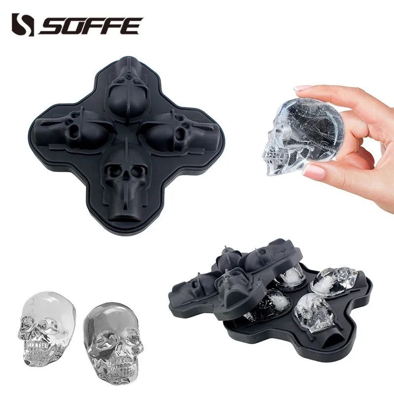 

Soffe New 3D Skull Head Ice Cube Maker Silicone Genie 4 Grids Halloween Skull Shaped Whisky Wine Ice Mold Tray Chocolate Mould