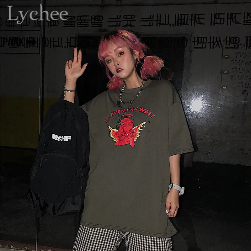 Lychee уличная женская футболка с принтом демона и буквами футболки круглым вырезом