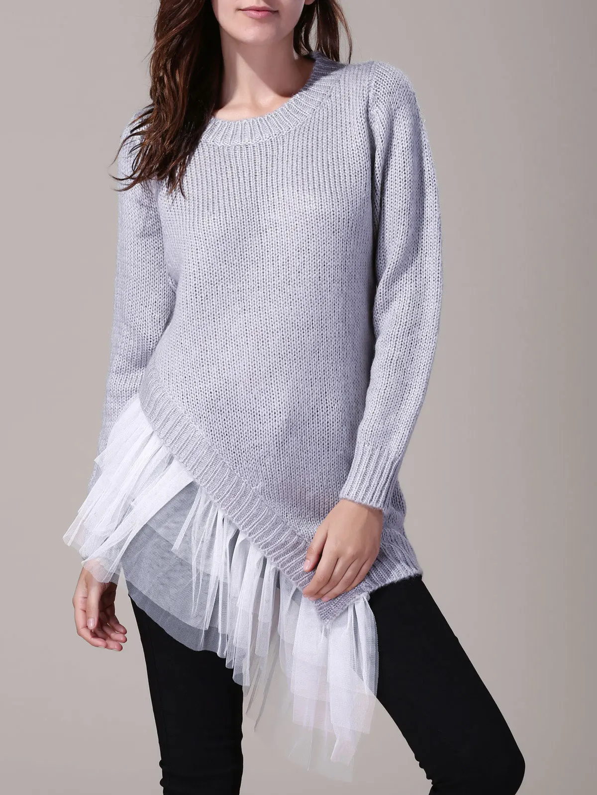 

Women'S Stylish Round Neck Lace Splicing Long Sleeve Asymmetrical Sweater