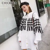 CHICEVER Patchwork Plaid Dresses For Women Lapel Long Sleeve Single Breasted Tassel Hit Colors Split Dress Autumn Fashion Tide