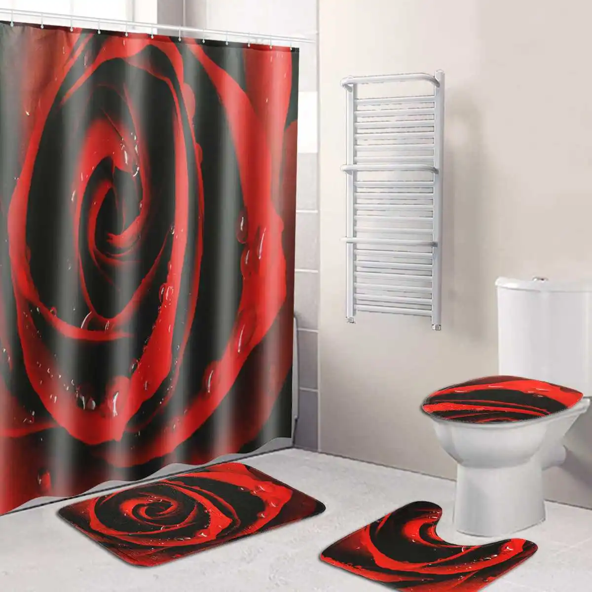 3 шт. комплект коврик для туалета Красная роза цветок полиэстер водонепроницаемые аксессуары занавеска для ванной комнаты ткань ванна впитывает воду пыль