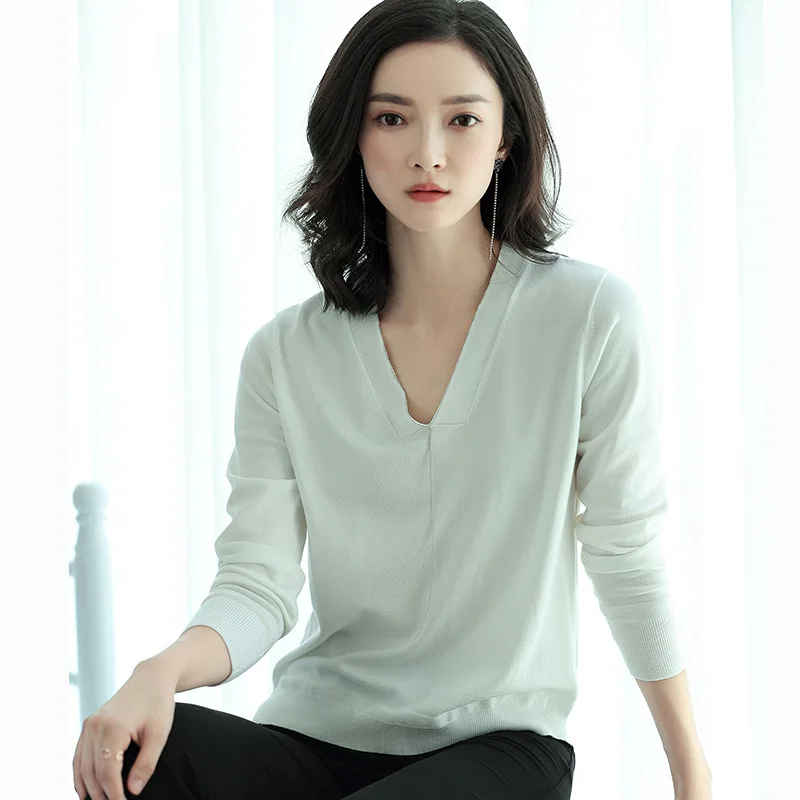 Autumn Office Lady Knitted V Neck Long Sleeve 4 Solid Color Sweater Fashion Loose Women Pullover S-xl | Женская одежда