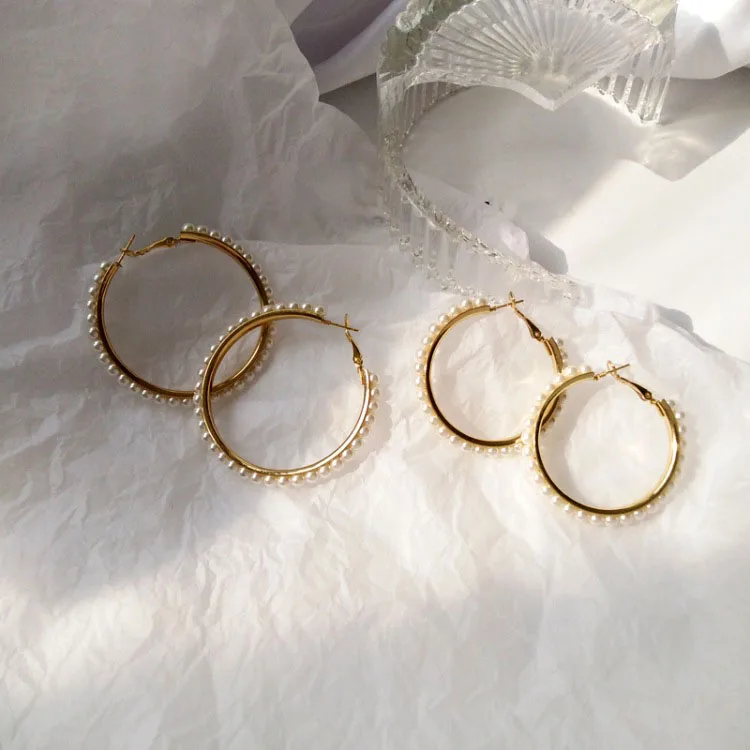

White Pearl Big Circle Hoop Earring Elegant White Pearls Round Hoop Earring White Pearl Decoration Hoop Earring