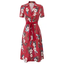 Vestido Vintage con estampado Floral para mujer, ropa de playa para vacaciones, Vestido de manga corta con cuello y solapa, cinturón decorado a la rodilla, vestido acampanado, vestidos