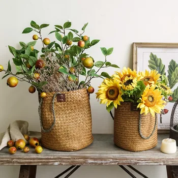 

Handmade Bamboo Storage Baskets Foldable Laundry Straw Patchwork Wicker Rattan Seagrass Belly Garden Flower Pot Planter Basket