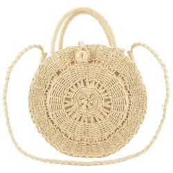 Круглая соломенная сумка на плечо для женщин, плетеная Сумка через плечо, Сумка с верхней ручкой, летняя пляжная сумочка, полый