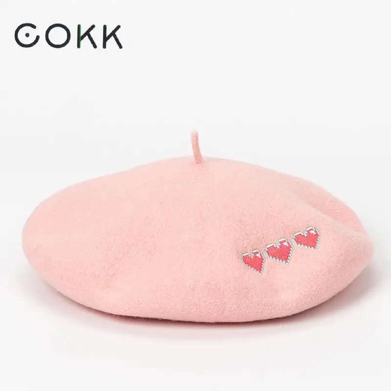 

COKK Boina Feminina 100% Wool Beret Women Winter Hat Female Flat Cap Embroidery Love Heart Pink Gorras Fashion Warm Berets New