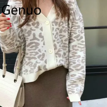 

Women Autumn Winter Leopard Cardigan Thick Sweater Female Long Sleeve Loose Oversized Outer Knitted Coat Manteau Femme Hiver