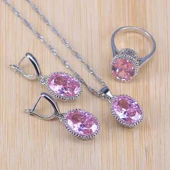 

Princess Pink Crystal Silver Color Jewelry Sets For Women Party Wedding 3PCS Earrings Necklace Pendant Rings 2018 Newest