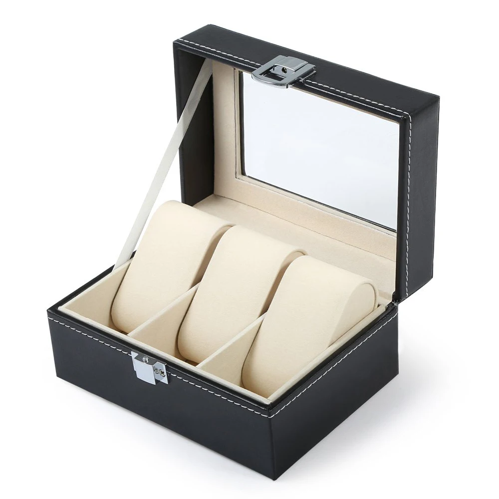 

3 Grids Black Leather Watch Box Jewelry Display Box Transparent Skylighty Watch Box