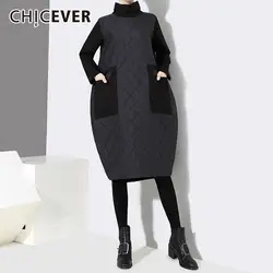 CHICEVER осень зима теплое платье Водолазка с длинным рукавом свободные лоскутное черный толстый платья для женщин для Корейская модн