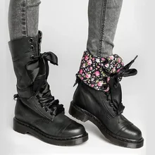 YJSFG/; Домашние мотоботы на шнуровке; женские ботинки до середины икры в стиле ретро с цветочным принтом; Ботинки Martin на низком каблуке; женская обувь; большие размеры