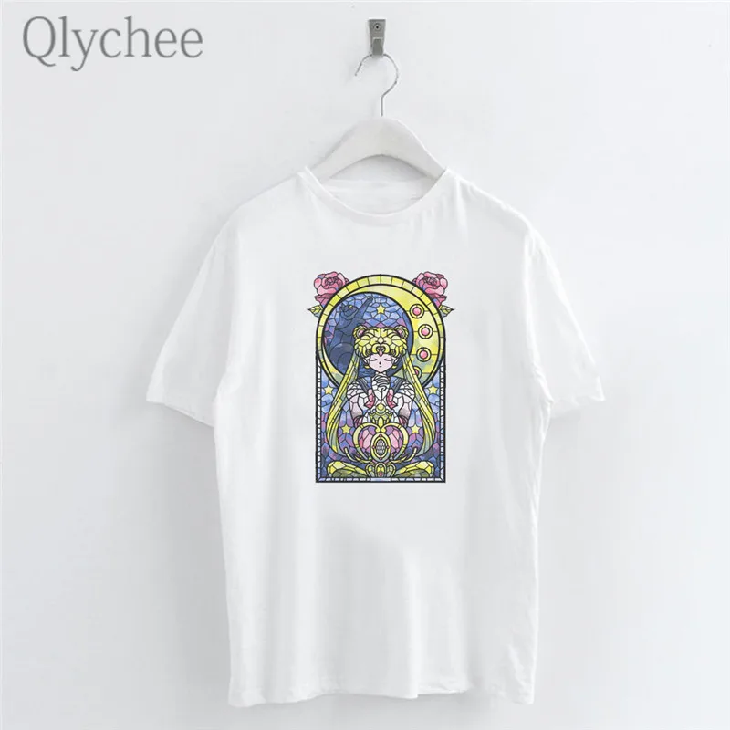 Женская белая футболка с принтом Сейлор Мун Qlychee Harajuku простая повседневная