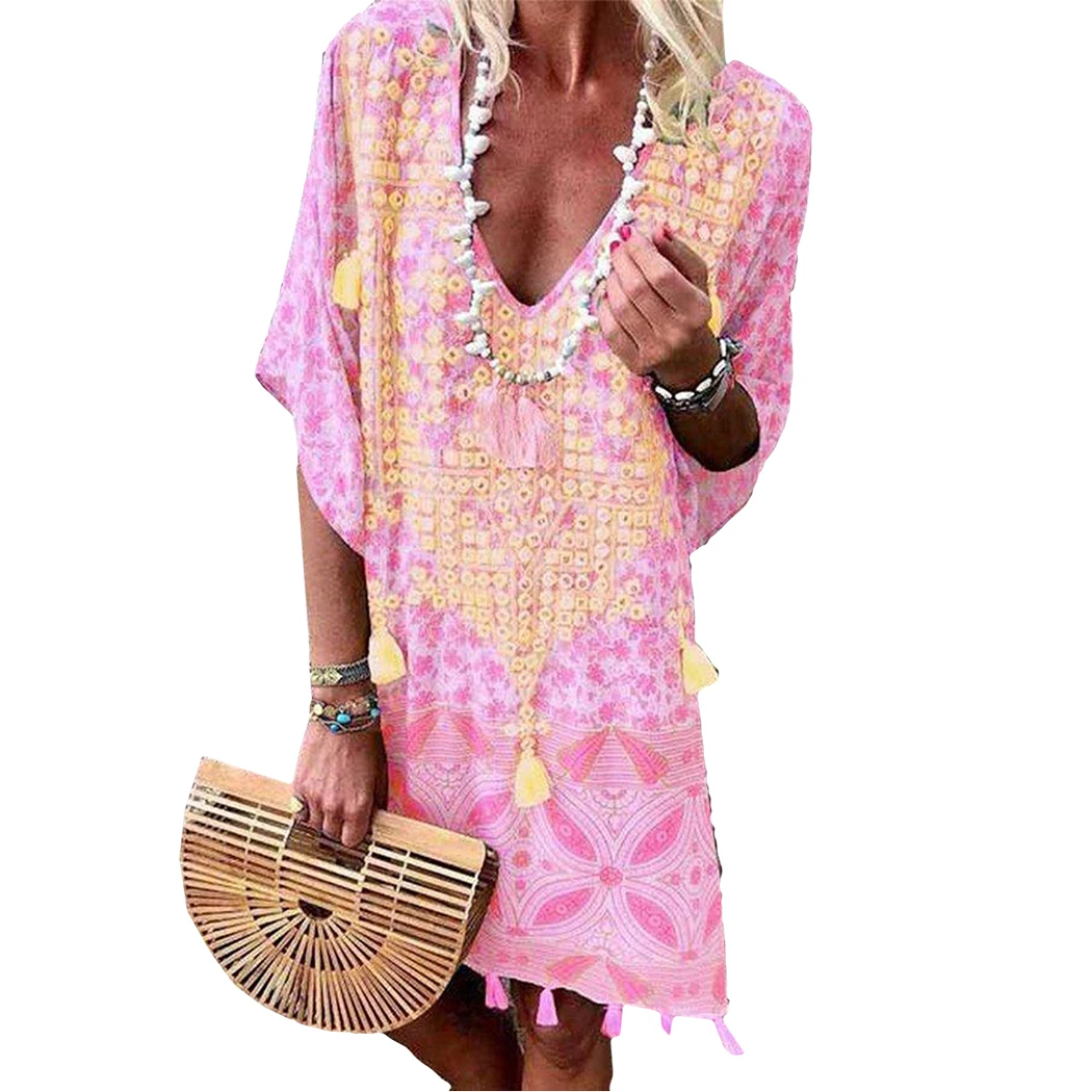 Женское платье с кисточками Boho винтажное большого размера коротким рукавом и