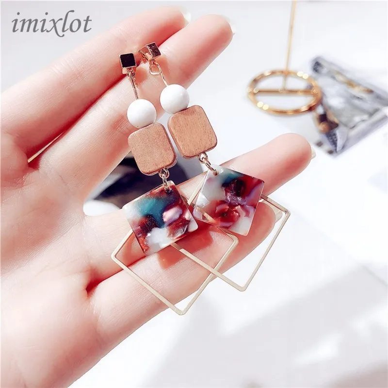 

New Colorful Acrylic Acetate Pattern Geometric Round Wood Stitching Long Drop Earrings for Women Female Jewelry