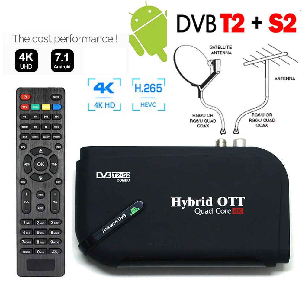 

Hybrid DVB-T2 tv tuner DVB-S2 Receptor satellite receiver Convertor With Quad Core 7.1 Android TV Box 4K UHD Koqit Set top box