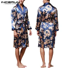 INCERUN Fashion Satin Silk Pajamas Mens Robe Long Sleeves Bathrobe Lucky Chinese Dragon Print Gown Bathrobe Sleepwear Lounge INCERUN Fashion Satin Silk Pajamas Mens Robe Long Sleeves Bathrobe Lucky Chinese Dragon Print Gown Bathrobe Sleepwear Lounge