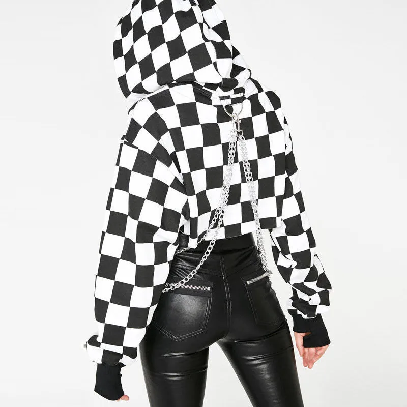 2019 Women Cool Girl Gothic Punk Square Black White Red Long Sleeve Hoodie Sweatshirt Chain Jumper Crop Top Pullovers Short Tops 2019 Women Cool Girl Gothic Punk Square Black White Red Long Sleeve Hoodie Sweatshirt Chain Jumper Crop Top Pullovers Short Tops