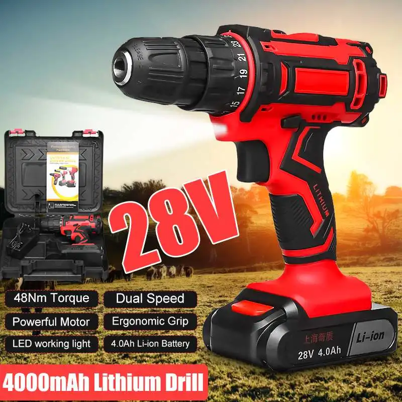 

28V 48Nm Electric Drill Two Speed Lithium Battery Rechargeable Cordless Drill Multi-function Electric Cordless Screwdriver