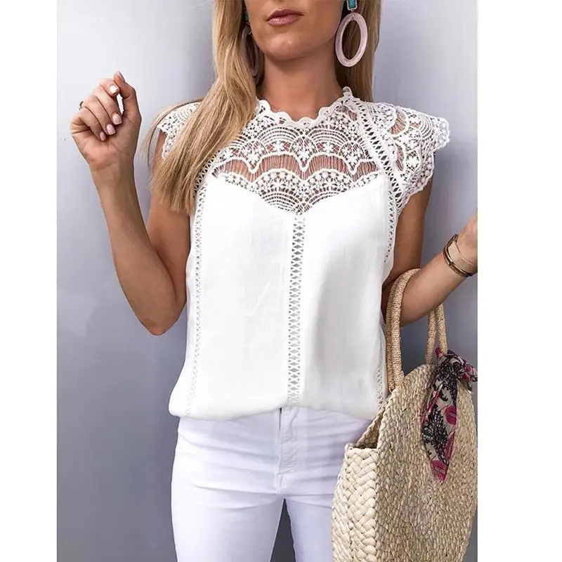 

2019 Summer Women Clothes Lace Hollow Out Slim Casual Blouses Lady Sleeveless O-Neck Sexy Shirt Tops White Black Blusas SJ2036C