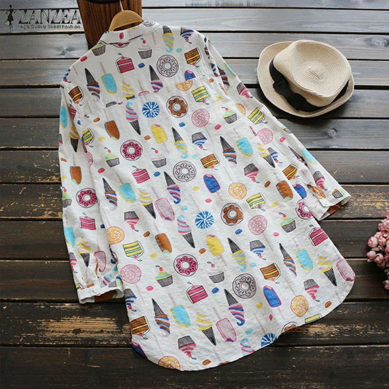 2019 زائد حجم ZANZEA الخريف عارضة المرأة التلبيب كم طويل خمر الأزهار المطبوعة القطن الكتان فضفاض حزب بلوزة قميص Vestido