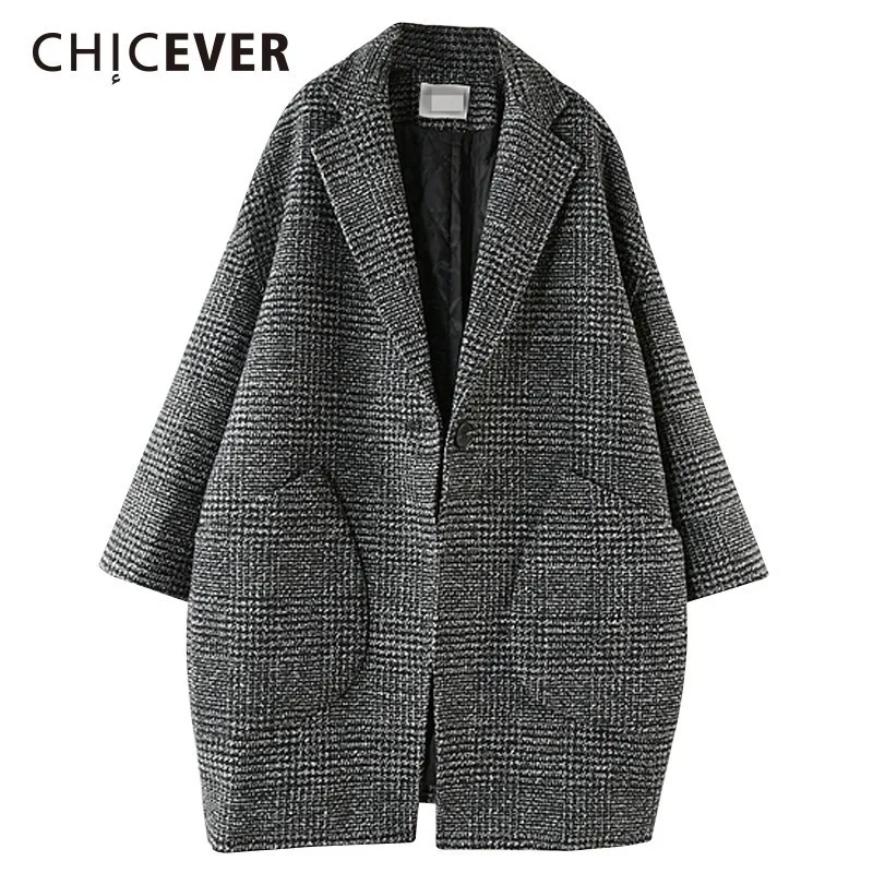 CHICEVER Plaid Coats Female Jackets Lapel Long Sleeve Single Button Loose Oversize Thick Coat Autumn Winter Fashion Clothing New | Женская