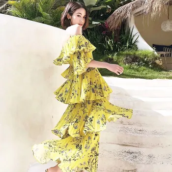 

Summer New Slash Neck Backless Pleated Print Dresses Women Short Sleeve High Waist Long Beach Dress