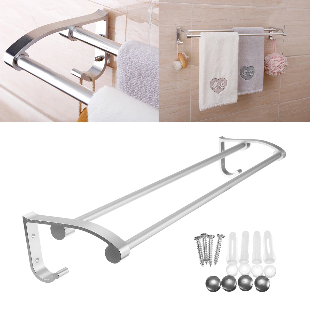 Double Shelf Rail Rack Holder Wall Mounted Bathroom Towel Hook Aluminum